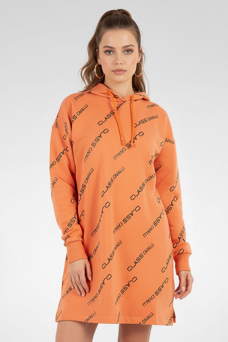 Cavalli Class Women Allover Print Long Sleeve Sweater Dress, Orange - Image 2